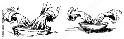 Hands kneading dough or clay in a ceramic bowl in a hand drawn sketch style