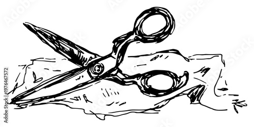 Sharp tailor scissors cutting through fabric material in a hand drawn sketch style