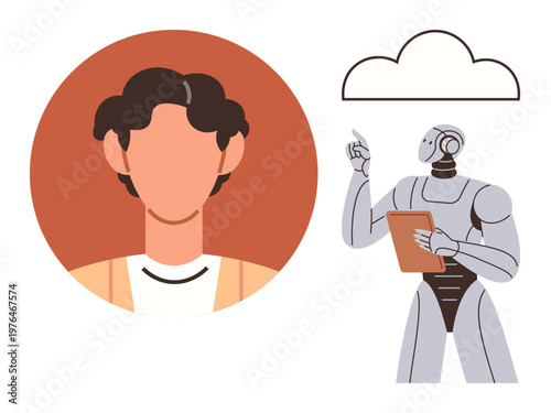 Artificial intelligence, digital security, cloud services, identity management, technology integration, futuristic concepts. Faceless person and robot interacting with cloud icon. Artificial