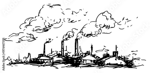 Industrial factory skyline with smoking chimneys and clouds in a hand drawn sketch style