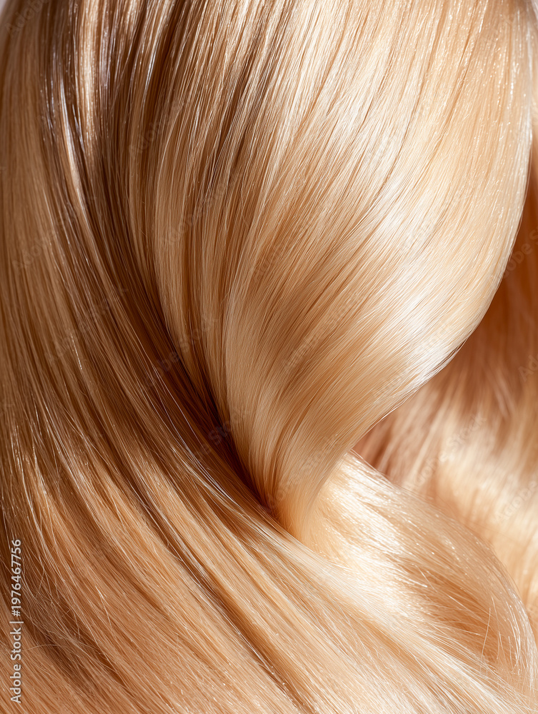 Naklejka premium Close up of smooth, shiny, wavy blonde hair with silky texture and golden highlights. High quality image capturing the essence of healthy hair, beauty care, and a luxury hair salon