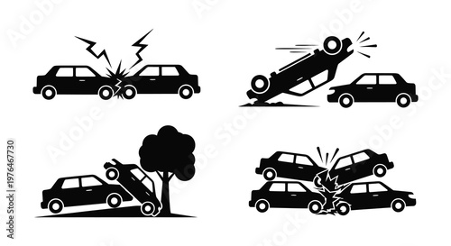 Dramatic car crash scenes depicted in stark black silhouettes