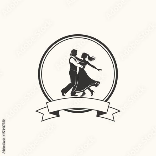 Elegant Ballroom Dancing Couple Silhouette in Circular Frame with Ribbon Banner Vector Illustration