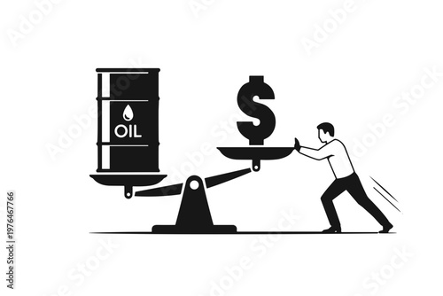 Illustration of the concept of oil prices with black silhouettes, monochrome colors, economic balance, and a metaphor for the global market