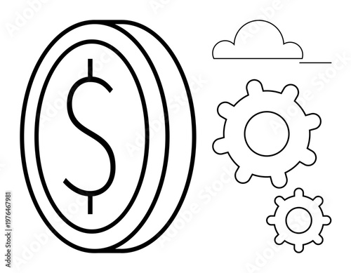 Financial technology, automation, cloud computing, digital economy, online services, innovation. Dollar coin, gears and a cloud symbol in a line drawing. Financial technology and automation concept