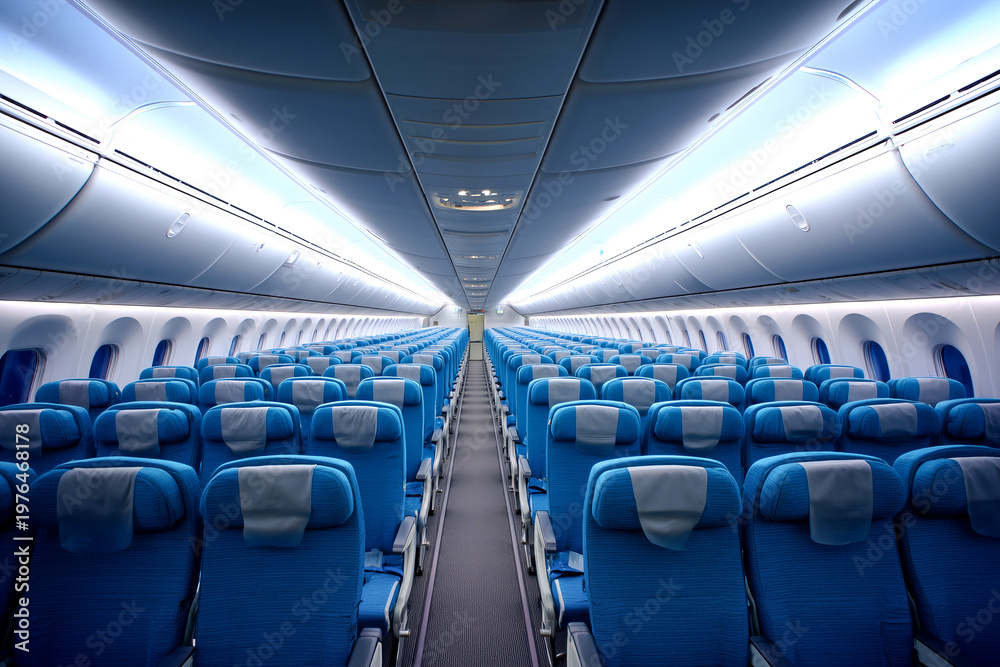 Fototapeta premium Symmetrical wide angle shot of an empty airplane cabin with rows of blue passenger seats, overhead bins, and soft blue LED lighting, representing air travel and transportation