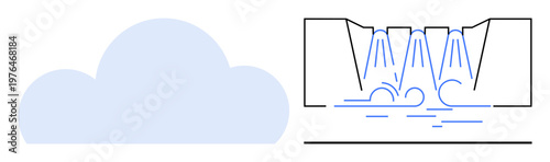 Renewable energy, hydroelectric power, water resources, cloud computing, environmental sustainability, clean energy. A cloud icon alongside a hydroelectric dam sketch. Renewable energy