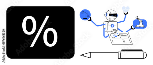 Automation, artificial intelligence, innovation, robotics, data processing, technology integration. A robot juggling finance, law and innovation concepts with a pen and percentage sign. Automation
