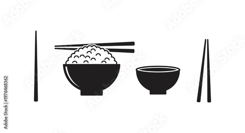 Black and white illustration of rice bowls and chopsticks silhouette