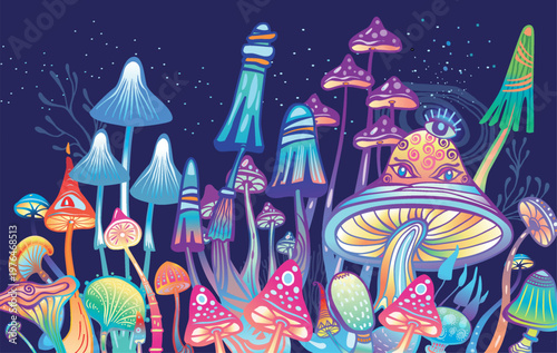 Psychedelic Mushroom Forest Vector Illustration Fantasy Colorful Fungi Scene