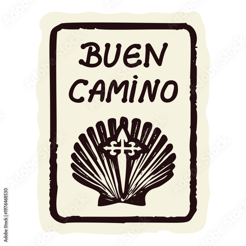 Hand drawn Buen Camino pilgrim scallop shell with St James Way cross in spain. Pilgrimage backpacker route waymarker sign. Black and white flat motif for Santiago de Compostela icon passport stamp.