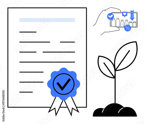 Business certification, product authenticity, ecommerce, environmental sustainability, growth, approval marks. Certification paper with a seal, shopping on phone and sprouting plant. Certification
