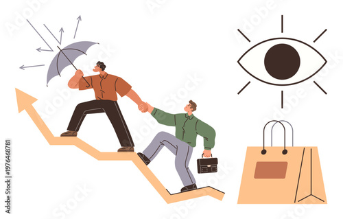 Business growth, teamwork, leadership, guidance, consumer behavior, market trends. Two individuals climb an upward graph, with one leading under an umbrella. Business growth and teamwork concept