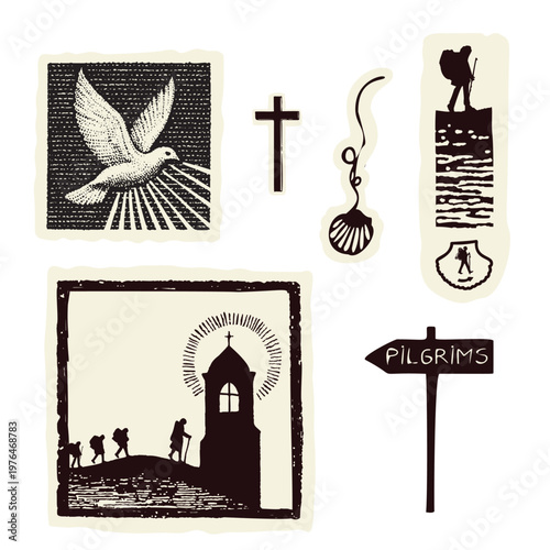 Hand drawn pilgrimage symbols icon set. Church, backpacker, blessed holy spirit ray dove, scallop shell. Black white icon europe sacred journey illustration. Passport pilgrim motif stamp collection