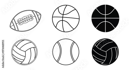 Various sports balls depicted in simple line art silhouette