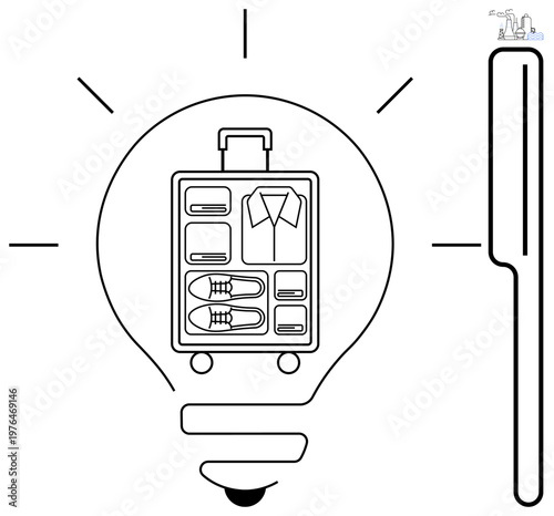 Travel, packing tips, organization, vacation planning, essentials checklist, creativity. Light bulb with suitcase graphic displaying organized travel essentials. Travel and packing tips