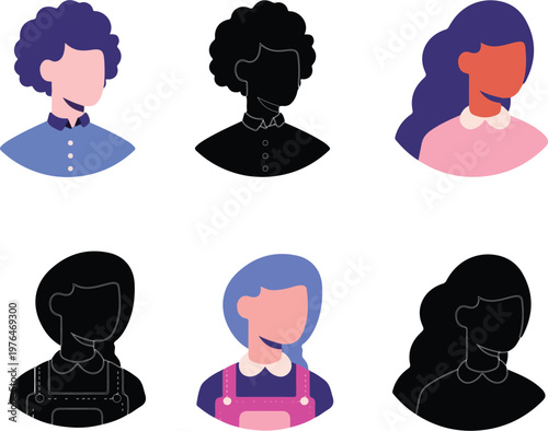 女性の顔なしアバターとシルエットのイラストセット(Set of female faceless avatars in colorful flat design and black silhouettes)