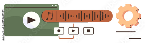 Audio production, media editing, streaming tools, podcast creation, music mixing, video production. Digital media interface showing play button, soundwave and gear. Audio production and media