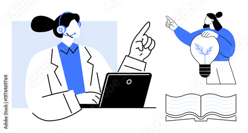 Customer service, innovation, education, brainstorming, knowledge sharing, teamwork. Figure with headset using laptop, person holding lightbulb open book. Customer service and innovation concepts