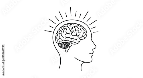 A simple black and white line drawing depicts a human head in profile with a brain inside