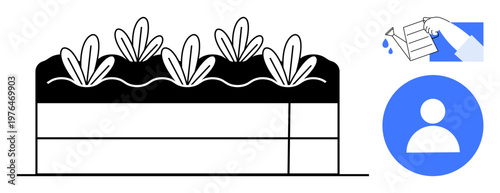 Gardening techniques, sustainable farming, community projects, irrigation systems, organic produce, soil health. Raised garden bed, watering hand user icon. Sustainable farming and community growth
