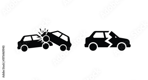 Two car crash icons depicted in a stark black silhouette