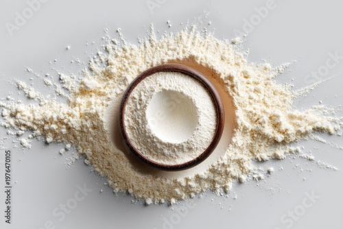 Flour in a wooden bowl surrounded by spilled flour