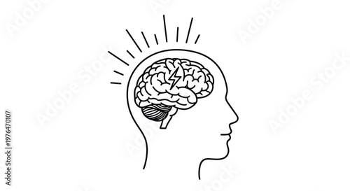 A black and white sketch depicts a human head in profile with a detailed brain inside