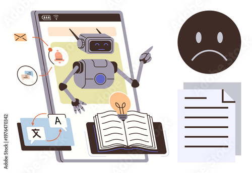 AI communication, language translation, education, automation, emotional response, digital tools. Robot interacts with translation tools and documents. AI communication and language translation