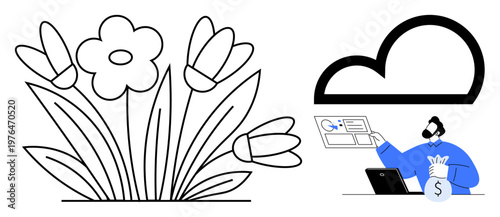 Cloud storage, technology integration, data management, nature conservation, eco-friendly tech, and digital economy. Tulip flowers paired with cloud storage and a man using technology. Cloud storage