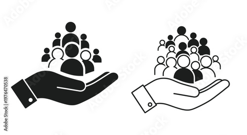 Two depictions of a hand gently cradling a group of people symbolizing care and community