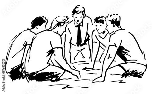 Soccer players in team huddle with coach in hand drawn sketch style