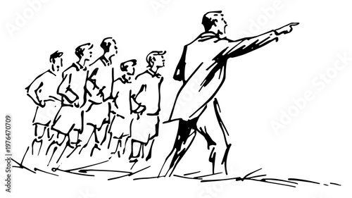 Soccer coach pointing and giving instructions to players on field in minimalist sketch style