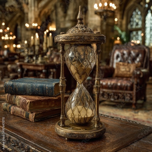 Hourglass on books, ornate room. Timeless, antiquated style