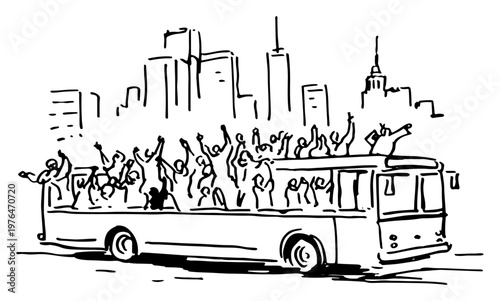 Crowd of people celebrating on open top tour bus in city with skyscrapers in minimalist sketch style