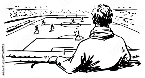 Man watching soccer match from stadium stands in hand drawn sketch style