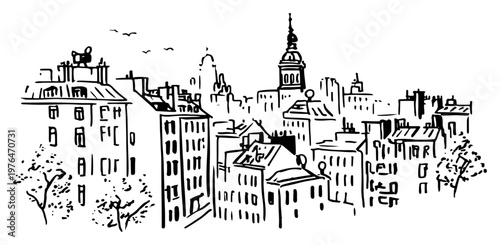 Historical European city buildings and church spire in hand drawn urban sketch style