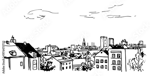 City rooftops and urban skyline landscape in hand drawn minimalist line art style