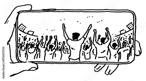 Smartphone screen showing a cheering crowd with raised hands in hand drawn sketch style