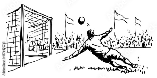 Goalkeeper diving to save ball near goal post during match in minimalist sketch style