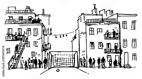 Street soccer game in urban courtyard with buildings and goal post in hand drawn sketch style