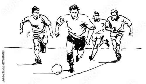 Group of soccer players running and chasing ball on field in minimalist sketch style