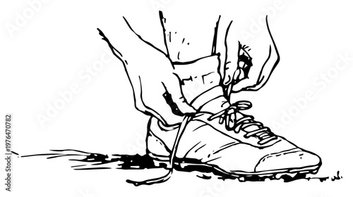 Hands tying laces on soccer cleat shoe in hand drawn minimalist sketch style