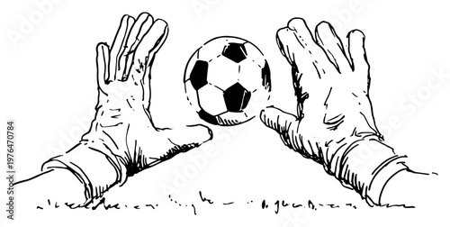 Goalkeeper hands in gloves catching soccer ball in hand drawn sketch style