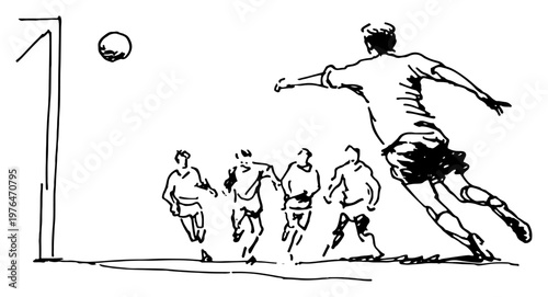 Football player jumping to hit ball near goal post in sketchy hand drawn style