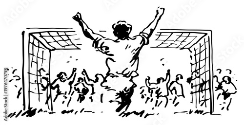 Soccer player celebrating goal in front of net with fans in sketchy line art style