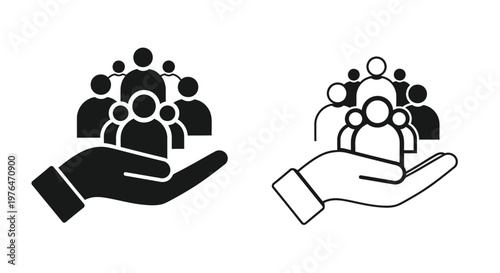 Two depictions of a hand gently cradling a group of people showcasing care and community