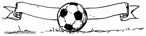 Soccer ball with blank ribbon banner on grass field in minimalist sketch style