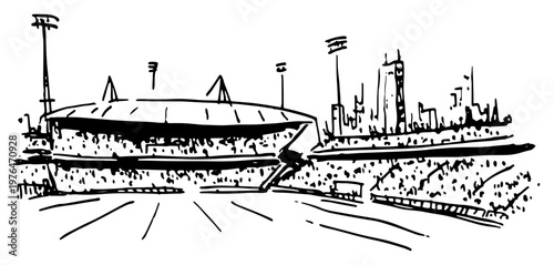 Large sports stadium arena with floodlights and city skyline in sketchy line art style