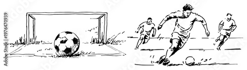 Photos Soccer goal with ball and athlete dribbling on field in hand drawn sketch style